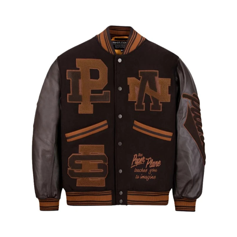 Paper Planes Varsity Bomber Jacket - Brown